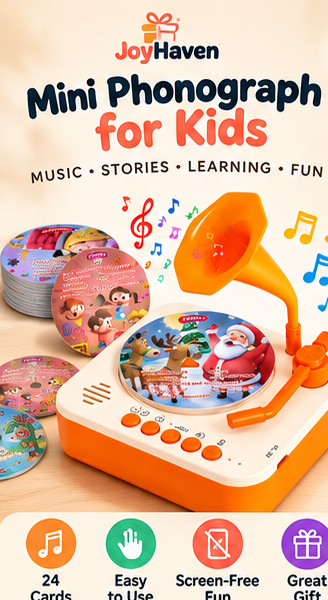 Mini Phonograph Story & Song Player for Kids – 24 Durable Cards