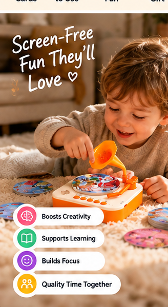 Mini Phonograph Story & Song Player for Kids – 24 Durable Cards